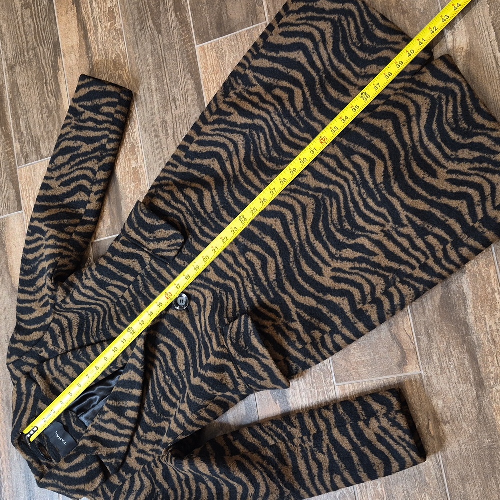 Tahari Black & Brown Wool Blend Lined 1 Button Zebra Print Midi Coat Pockets XS - Picture 2 of 9